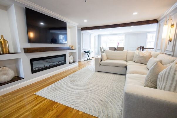 Fireplace, Interior, Living room, Recessed Lighting, Wood Texture Flooring