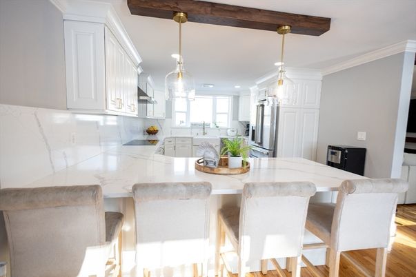 Interior, Kitchen, Pendant Lights, Recessed Lighting, Wooden Beams, Wood Texture Flooring