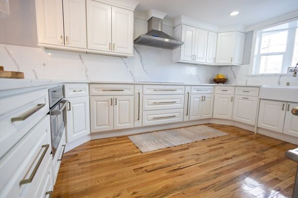 Interior, Kitchen, Marble Walls, Recessed Lighting, Wood Texture Flooring