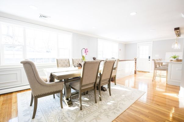 Dining room, Interior, Pendant Lights, Recessed Lighting, Wood Texture Flooring