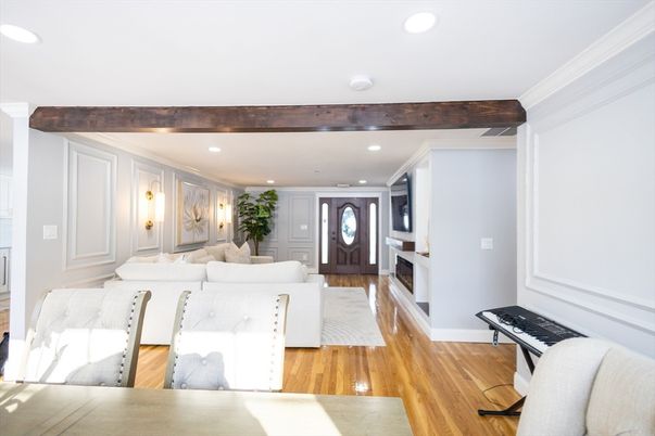 Fireplace, Interior, Living room, Recessed Lighting, Wooden Beams, Wood Texture Flooring