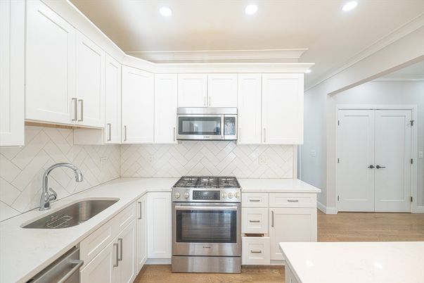 Interior, Kitchen, Recessed Lighting, Stainless Steel Appliances, Wood Texture Flooring