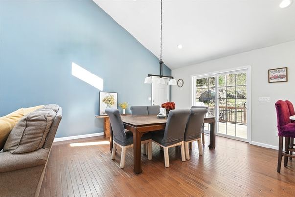 Dining room, Interior, Pendant Lights, Recessed Lighting, Wood Texture Flooring