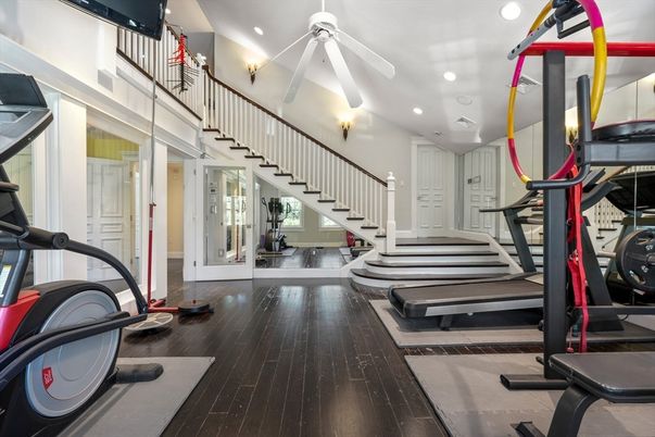 Fitness Equipment, Gym, Interior, Recessed Lighting, Wood Texture Flooring