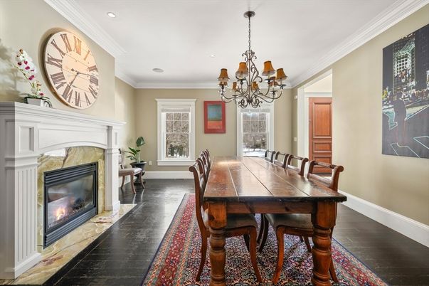 Chandelier, Dining room, Fireplace, Interior, Recessed Lighting, Wood Texture Flooring