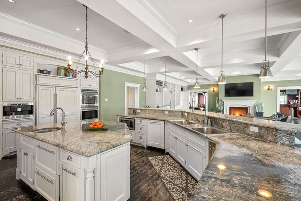Fireplace, Interior, Kitchen, Pendant Lights, Recessed Lighting, Stainless Steel Appliances, Wood Texture Flooring