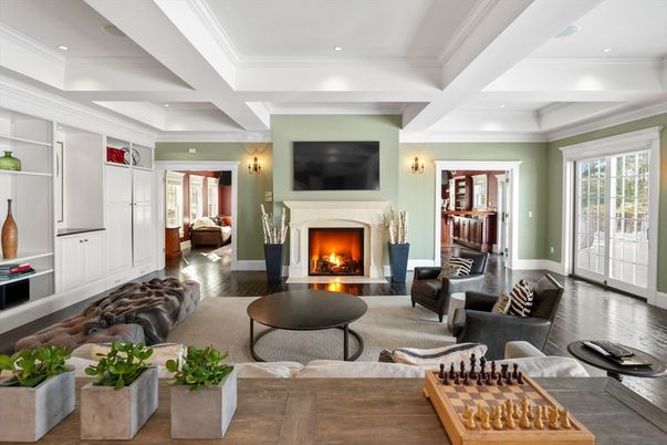 Fireplace, Interior, Living room, Recessed Lighting, Wood Texture Flooring