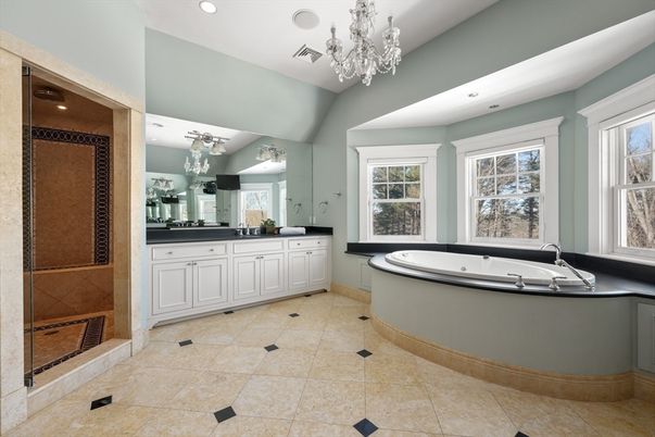 Bathroom, Chandelier, Dual Sink Vanities, Interior, Recessed Lighting