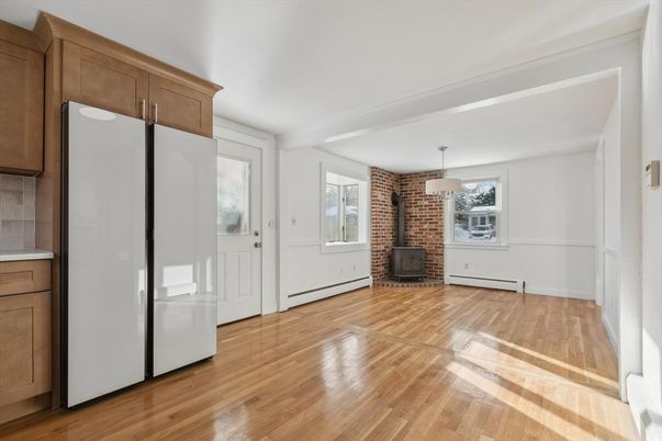 Empty room, Fireplace, Interior, Pendant Lights, Stone Walls, Wood Texture Flooring