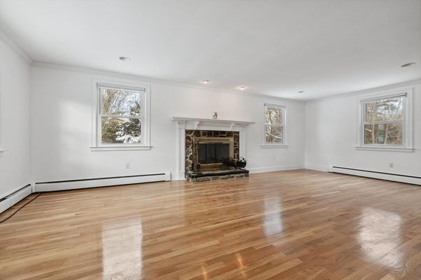 Empty room, Fireplace, Interior, Recessed Lighting, Wood Texture Flooring