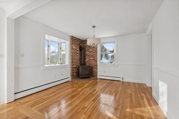 Empty room, Fireplace, Interior, Stone Walls, Wood Texture Flooring