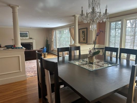Chandelier, Dining room, Fireplace, Interior, Recessed Lighting, Wood Texture Flooring