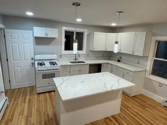 Interior, Kitchen, Pendant Lights, Recessed Lighting, Wood Texture Flooring