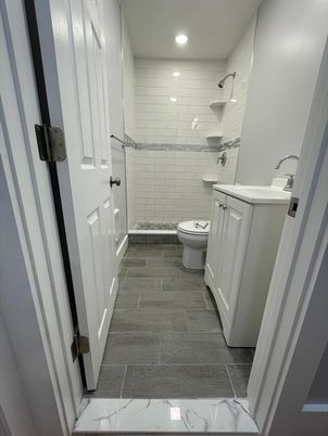 Bathroom, Interior, Marble, Recessed Lighting, Wood Texture Flooring
