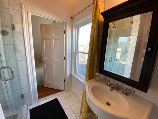 Bathroom, Glass Shower, Interior, Wood Texture Flooring