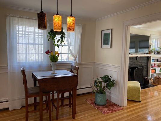 Dining room, Fireplace, Interior, Pendant Lights, Wood Texture Flooring