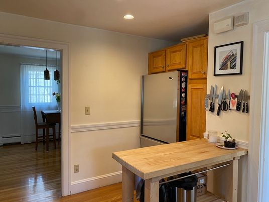 Dining room, Interior, Kitchen, Recessed Lighting, Stainless Steel Appliances, Wood Texture Flooring
