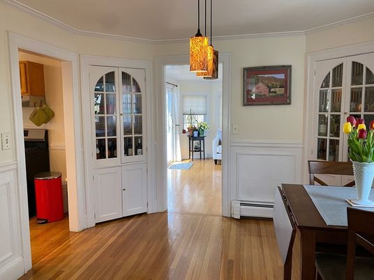 Dining room, Interior, Pendant Lights, Wood Texture Flooring