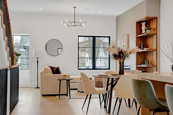 Dining room, Interior, Living room, Pendant Lights, Recessed Lighting, Wood Texture Flooring