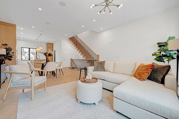Dining room, Interior, Living room, Pendant Lights, Recessed Lighting, Wood Texture Flooring