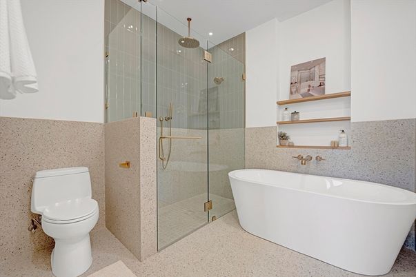 Bathroom, Free Standing Baths, Glass Shower, Interior, Recessed Lighting