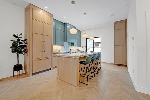 Interior, Kitchen, Pendant Lights, Recessed Lighting, Wood Texture Flooring