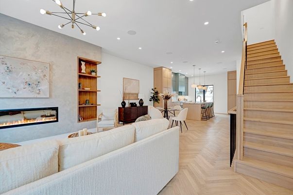 Dining room, Fireplace, Interior, Kitchen, Living room, Pendant Lights, Recessed Lighting, Wood Texture Flooring