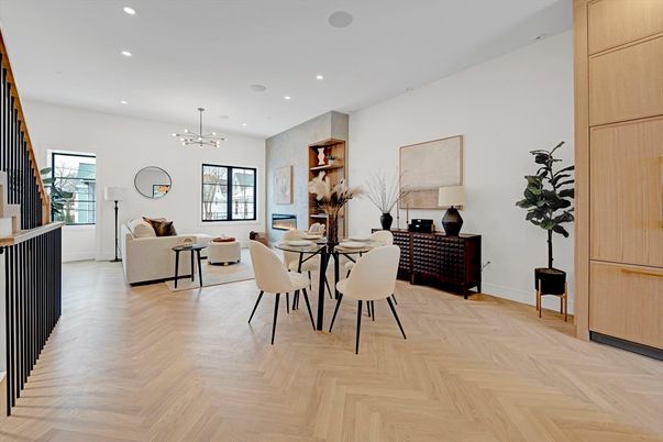 Dining room, Fireplace, Interior, Living room, Pendant Lights, Recessed Lighting, Wood Texture Flooring