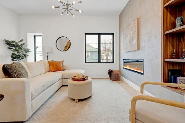 Fireplace, Interior, Living room, Pendant Lights, Wood Texture Flooring