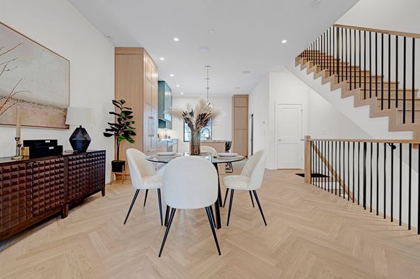 Dining room, Interior, Pendant Lights, Recessed Lighting, Wood Texture Flooring