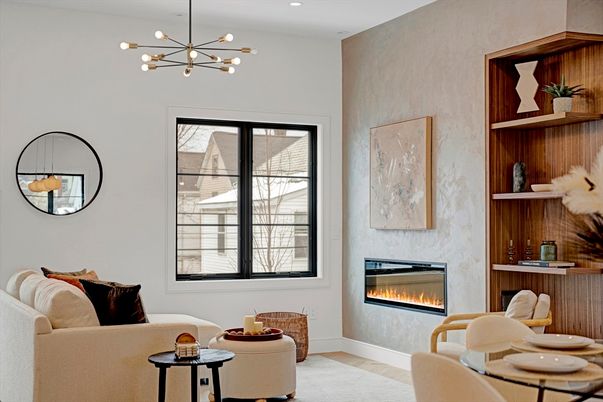 Fireplace, Interior, Living room, Pendant Lights, Recessed Lighting, Wood Texture Flooring
