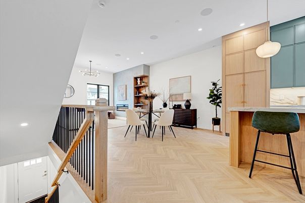 Dining room, Interior, Kitchen, Pendant Lights, Recessed Lighting, Wood Texture Flooring