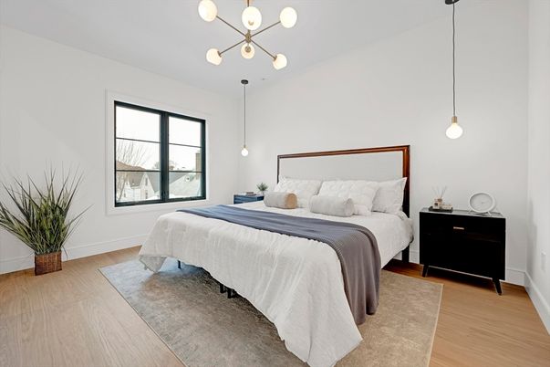 Bedroom, Interior, Pendant Lights, Wood Texture Flooring