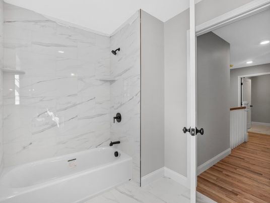 Bathroom, Interior, Marble, Marble Walls, Recessed Lighting, Wood Texture Flooring