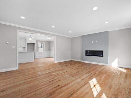 Empty room, Fireplace, Interior, Pendant Lights, Recessed Lighting, Wood Texture Flooring