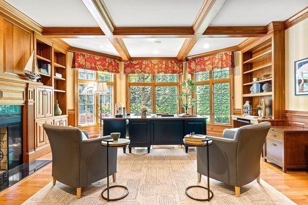 Fireplace, Home Office, Interior, Recessed Lighting, Wooden Beams, Wood Texture Flooring