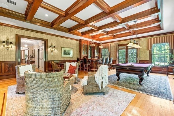 Billiard Table, Game Room, Interior, Living room, Pendant Lights, Recessed Lighting, Wooden Beams, Wood Texture Flooring