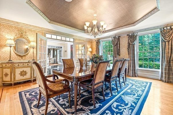 Chandelier, Dining room, Interior, Wood Texture Flooring