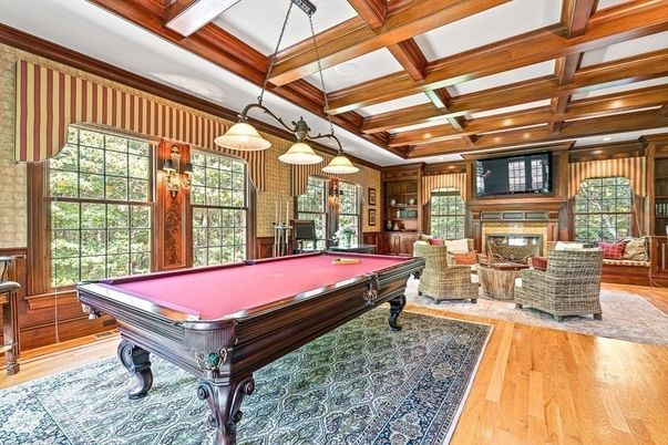 Billiard Table, Fireplace, Game Room, Interior, Pendant Lights, Recessed Lighting, Wooden Beams, Wood Texture Flooring