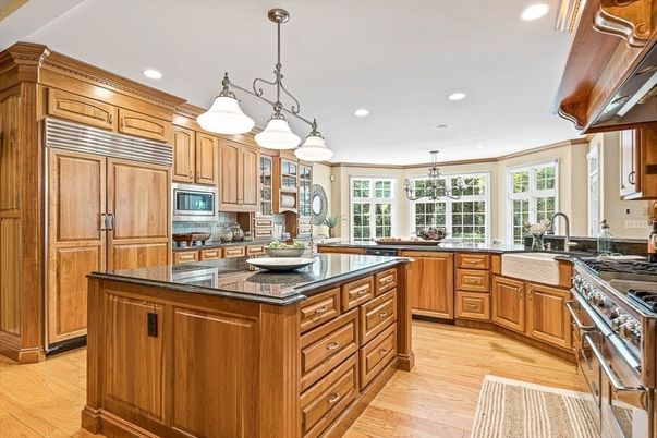 Chandelier, Interior, Kitchen, Pendant Lights, Recessed Lighting, Stainless Steel Appliances, Wood Texture Flooring