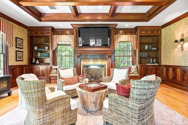 Fireplace, Interior, Living room, Recessed Lighting, Wooden Beams, Wood Texture Flooring