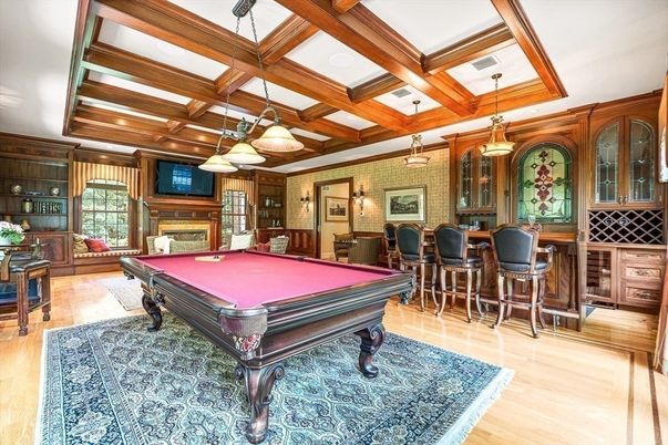 Billiard Table, Game Room, Interior, Pendant Lights, Recessed Lighting, Wooden Beams, Wood Texture Flooring