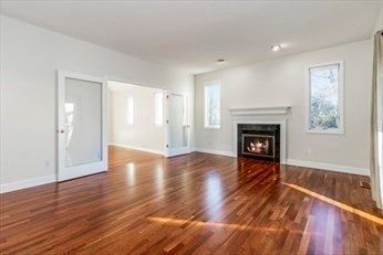 Empty room, Fireplace, Interior, Recessed Lighting, Wood Texture Flooring