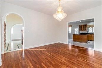 Chandelier, Empty room, Interior, Kitchen, Recessed Lighting, Wood Texture Flooring