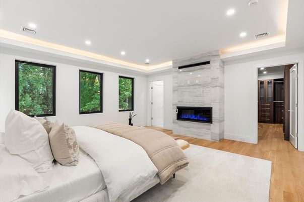 Bedroom, Fireplace, Interior, Marble Walls, Recessed Lighting, Wood Texture Flooring