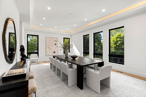 Dining room, Interior, Recessed Lighting, Wood Texture Flooring