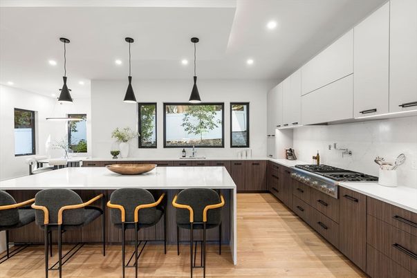 Interior, Kitchen, Pendant Lights, Recessed Lighting, Stainless Steel Appliances, Wood Texture Flooring