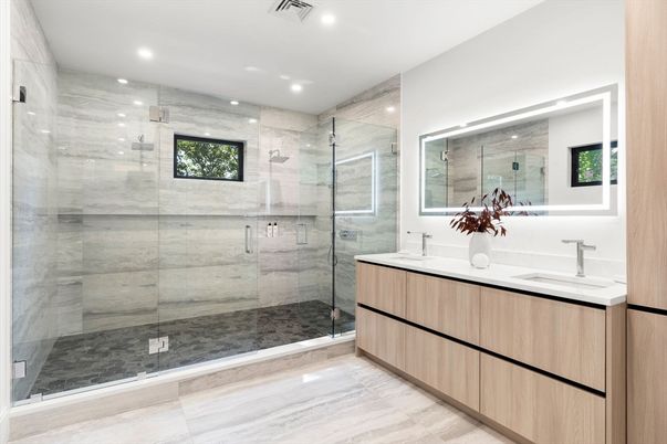 Bathroom, Dual Sink Vanities, Glass Shower, Interior, Marble Walls, Recessed Lighting