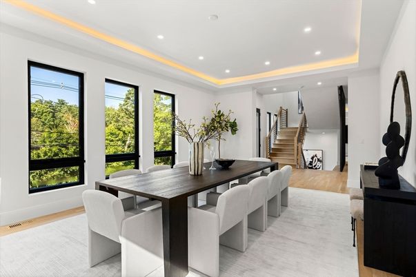 Dining room, Interior, Recessed Lighting, Wood Texture Flooring