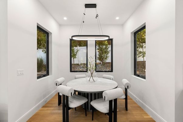 Dining room, Interior, Pendant Lights, Recessed Lighting, Wood Texture Flooring